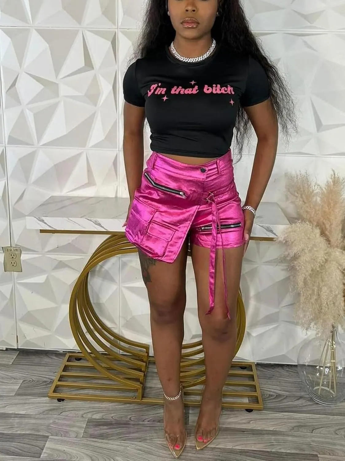 Skorts for Woman Metallic Faux Leather High Waisted Shorts Cargo Shiny Summer Sexy Asymmetrical Skirt Shorts