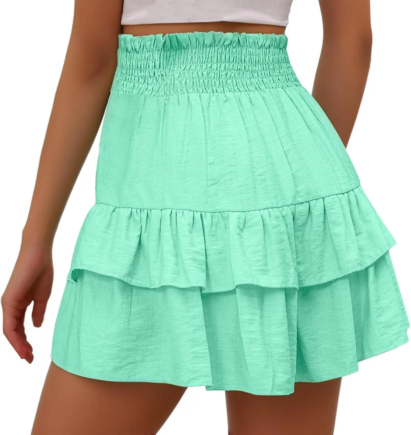 Skorts for Woman Ruched High Waisted Flowy Shorts Boho Ruffle Tiered Mini Skirts 2025 Trendy Casual Summer Outfits