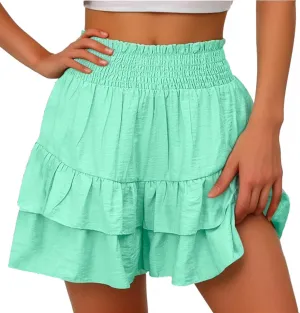 Skorts for Woman Ruched High Waisted Flowy Shorts Boho Ruffle Tiered Mini Skirts 2025 Trendy Casual Summer Outfits