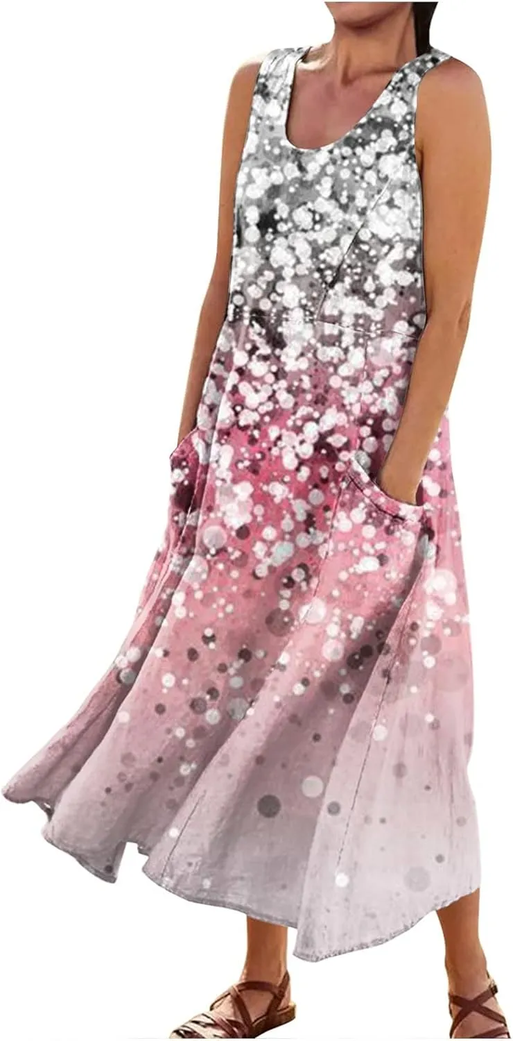 Sleeveless Dresses for Womens 2024 Beach Cotton Linen Floral Printed Dresses with Pockets Casual Flowy Long Dress