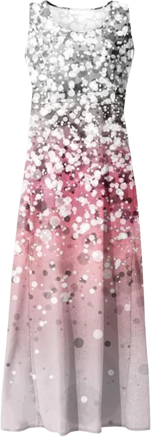 Sleeveless Dresses for Womens 2024 Beach Cotton Linen Floral Printed Dresses with Pockets Casual Flowy Long Dress