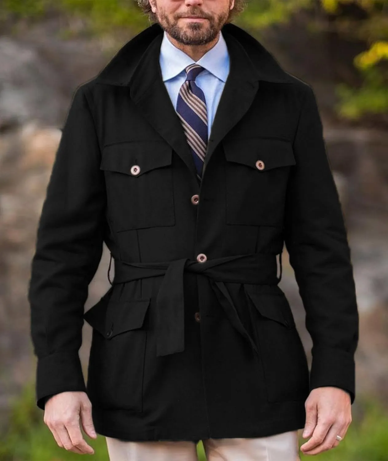 SOMTHRON Men's Single Breasted Belted Trench Coat Lapel Safari Military Jacket Casual Slim Fit Lightweight Windbreaker