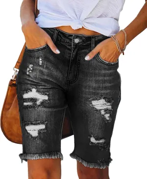 SOMTHRON Women's High Waisted Chain Ripped Capris Jeans Distressed Skinny Denim Shorts Sexy Party Clubwear Streetwear