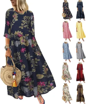 Spring Dresses for Women 2024 Casual 3/4 Sleeve Plus Size Maxi Dress A Line Shirt Flowy Swing Beach Vacation Long Sundress