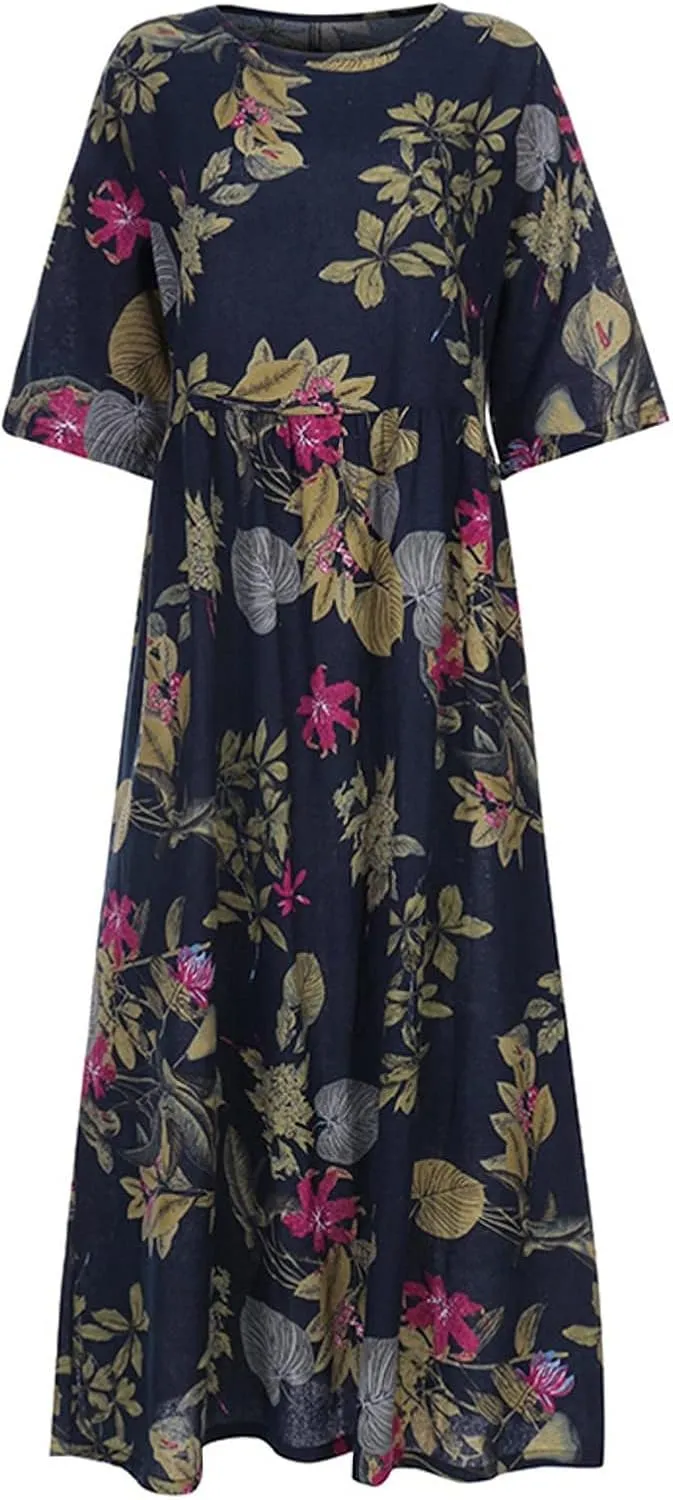 Spring Dresses for Women 2024 Casual 3/4 Sleeve Plus Size Maxi Dress A Line Shirt Flowy Swing Beach Vacation Long Sundress