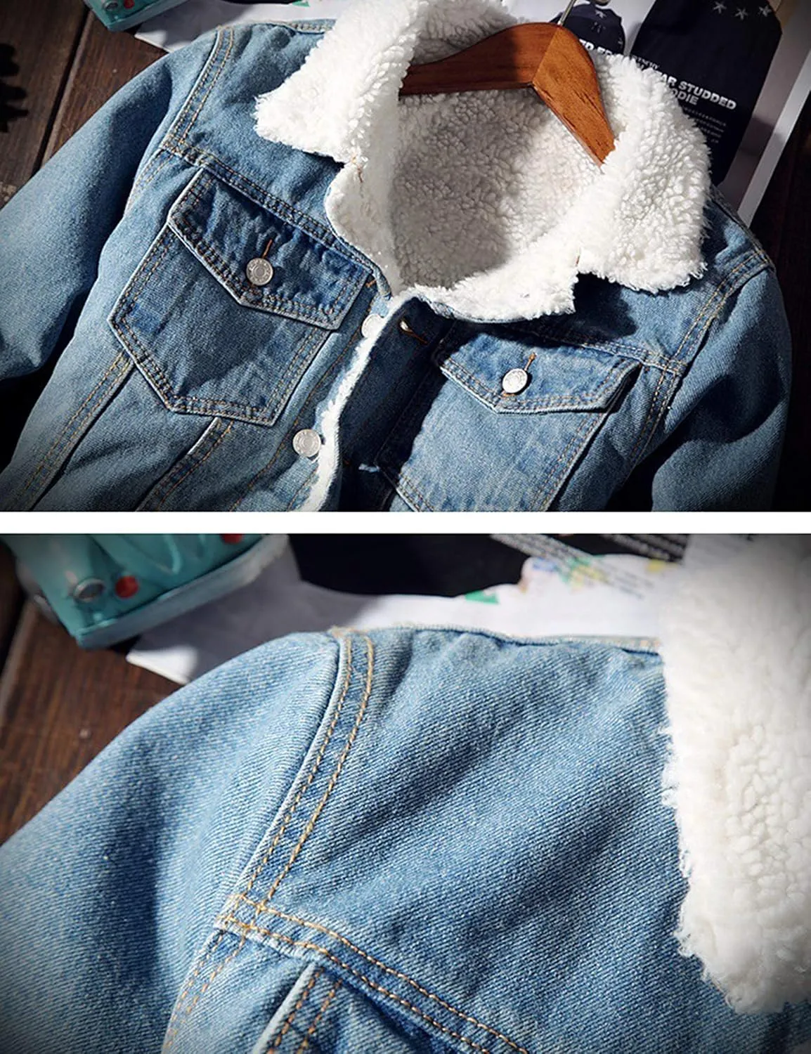 Springrain Men's Sherpa Fleece Lined Denim Jacket Warm Winter Trucker Jacket Cowboy Jean Jacket