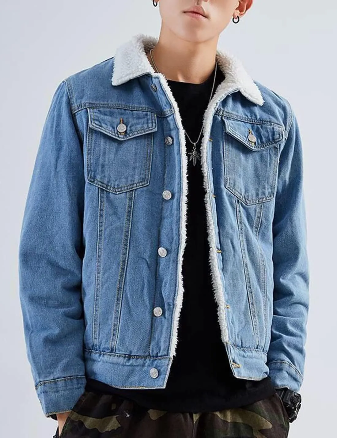 Springrain Men's Sherpa Fleece Lined Denim Jacket Warm Winter Trucker Jacket Cowboy Jean Jacket