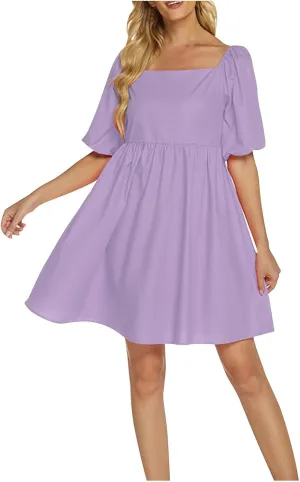 Square Neck Chest Dress for Women Pleated A-Line Dresses Casual Puff Sleeve Dresses Summer Loose Solid Dress 2025