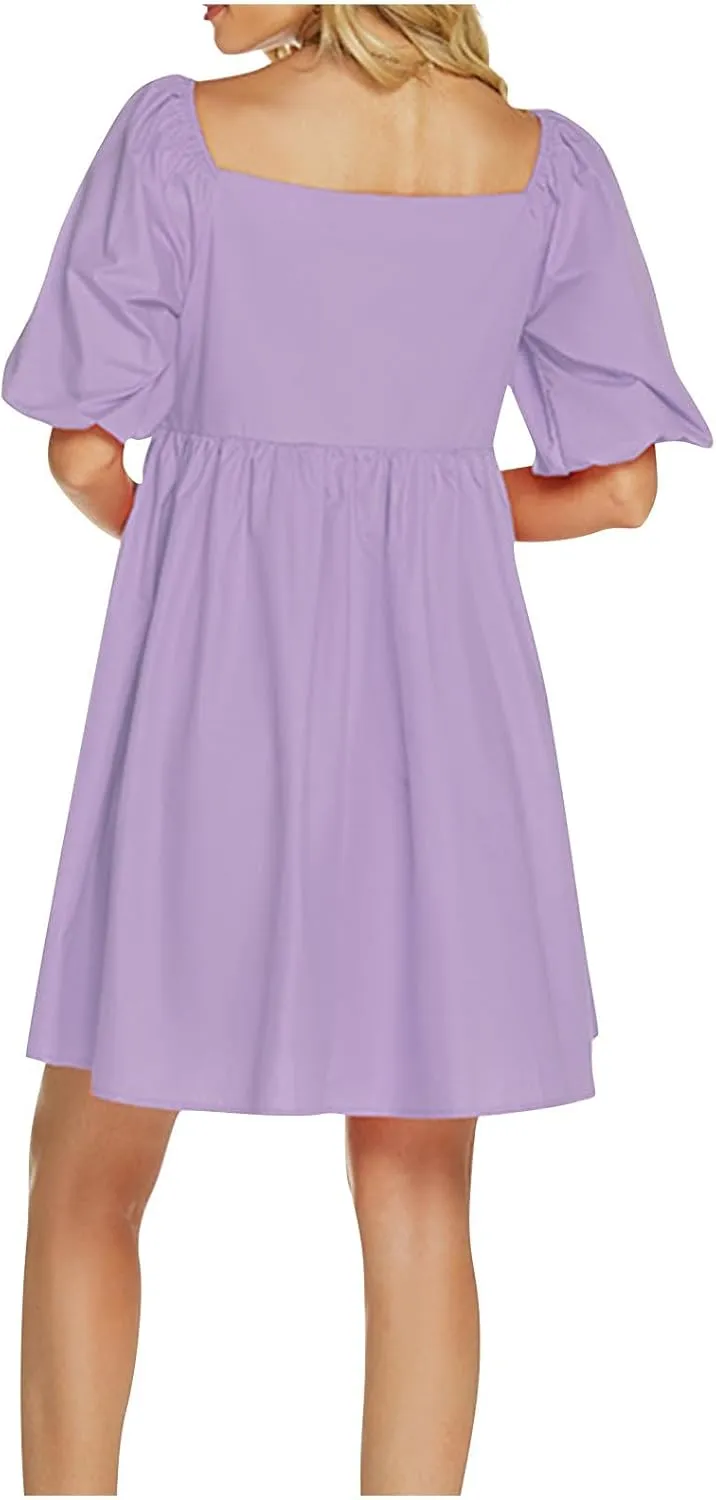 Square Neck Chest Dress for Women Pleated A-Line Dresses Casual Puff Sleeve Dresses Summer Loose Solid Dress 2025