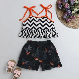 Straped Printed Frill Top Short Set