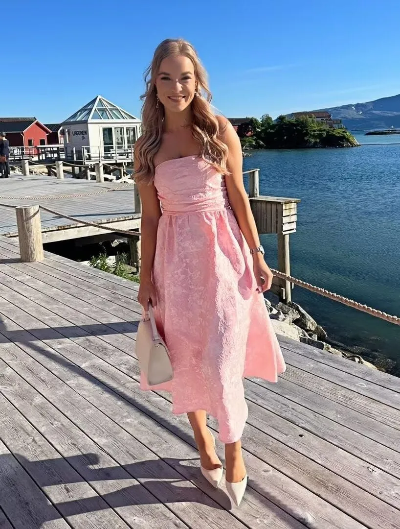 Strapless Jacquard Floral Satin Prom Dresses A Line Corset Midi Homecoming Dress for Teens