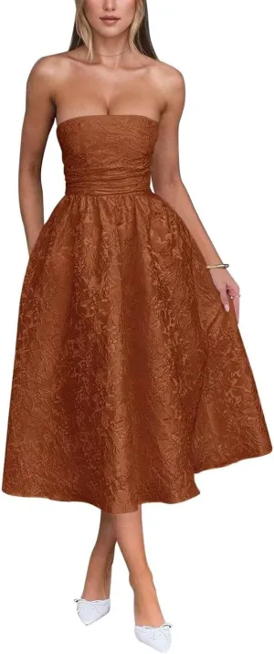 Strapless Jacquard Floral Satin Prom Dresses A Line Corset Midi Homecoming Dress for Teens