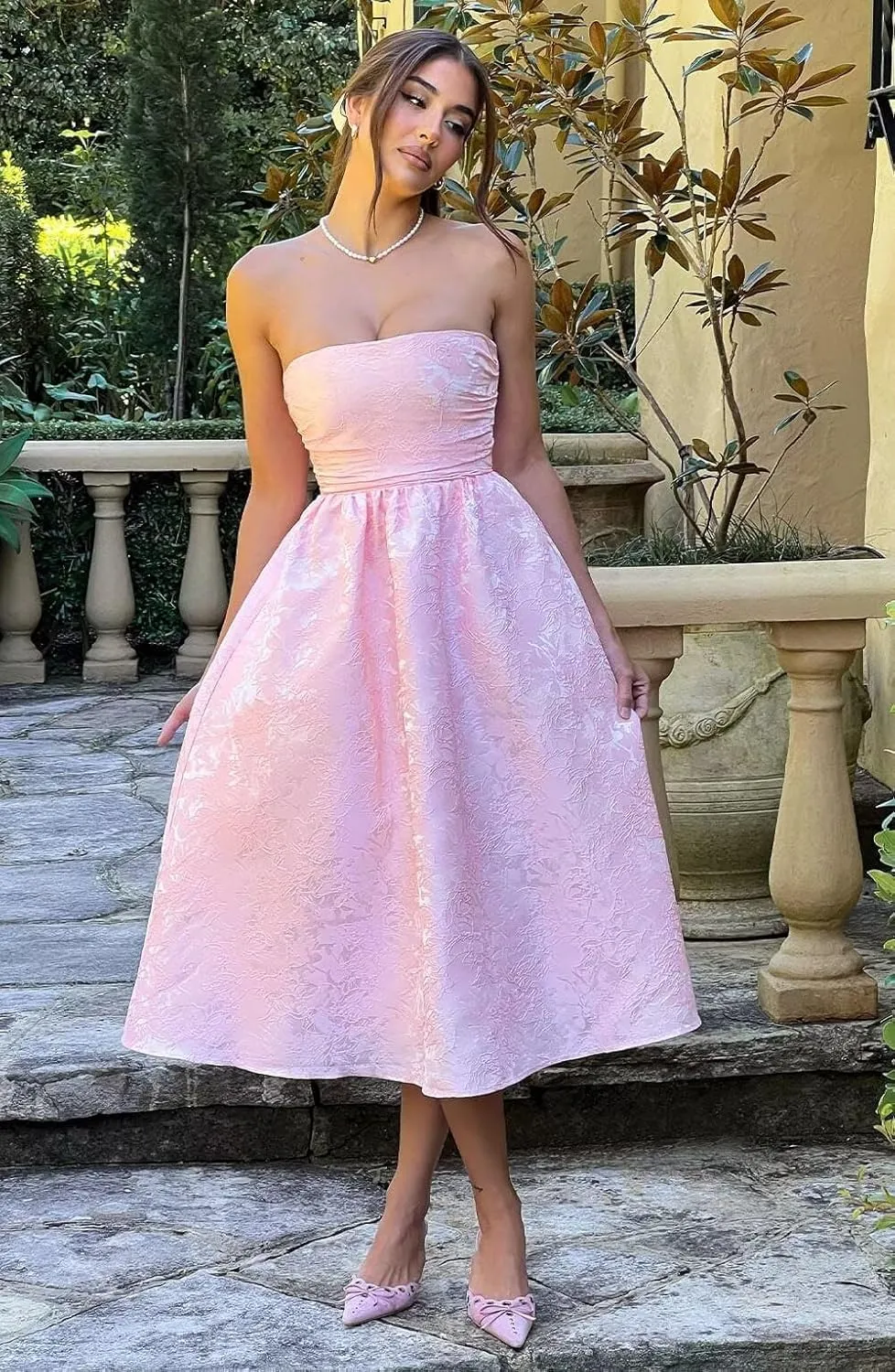 Strapless Jacquard Floral Satin Prom Dresses A Line Corset Midi Homecoming Dress for Teens