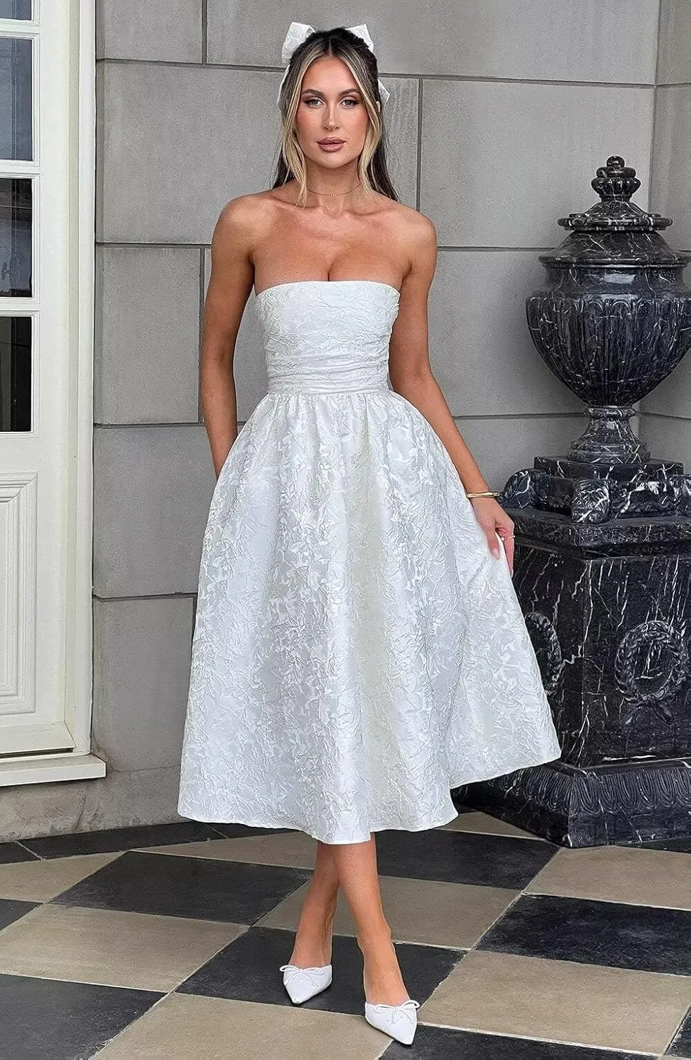 Strapless Jacquard Floral Satin Prom Dresses A Line Corset Midi Homecoming Dress for Teens
