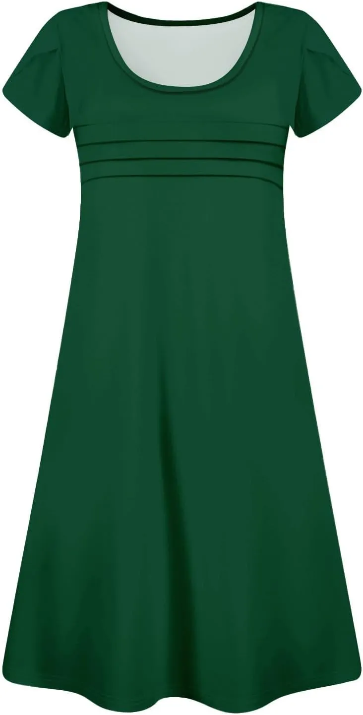 Summer Dresses for Women 2025 Casual T Shirt Dresses Round Neck Floral Short Sleeve Dress Pleated Front Beach Dress