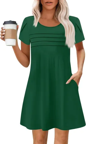 Summer Dresses for Women 2025 Casual T Shirt Dresses Round Neck Floral Short Sleeve Dress Pleated Front Beach Dress
