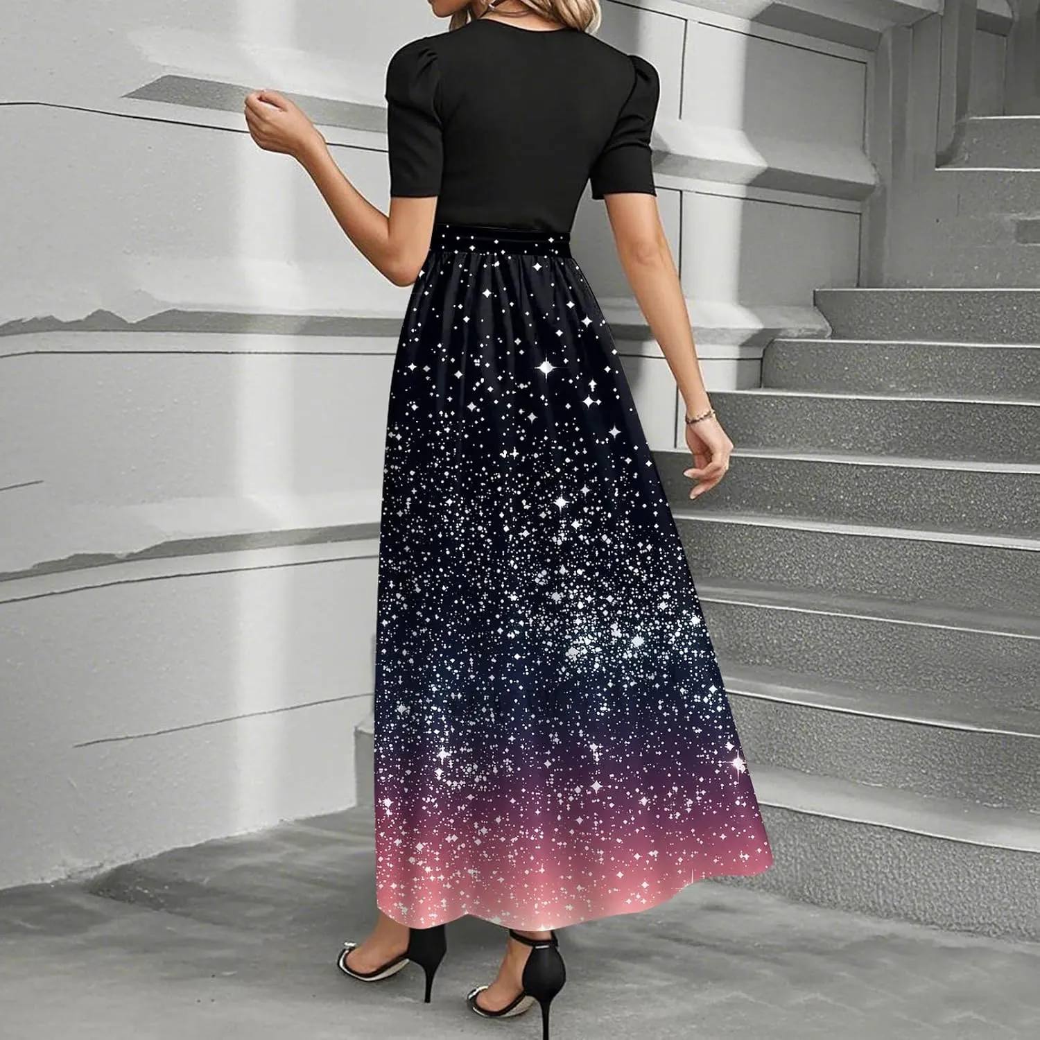 Summer Dresses for Women 2025 Flowy Floral Maxi Dress Short Sleeve Long Sundress Patchwork Ruffle Hem a Line Dress