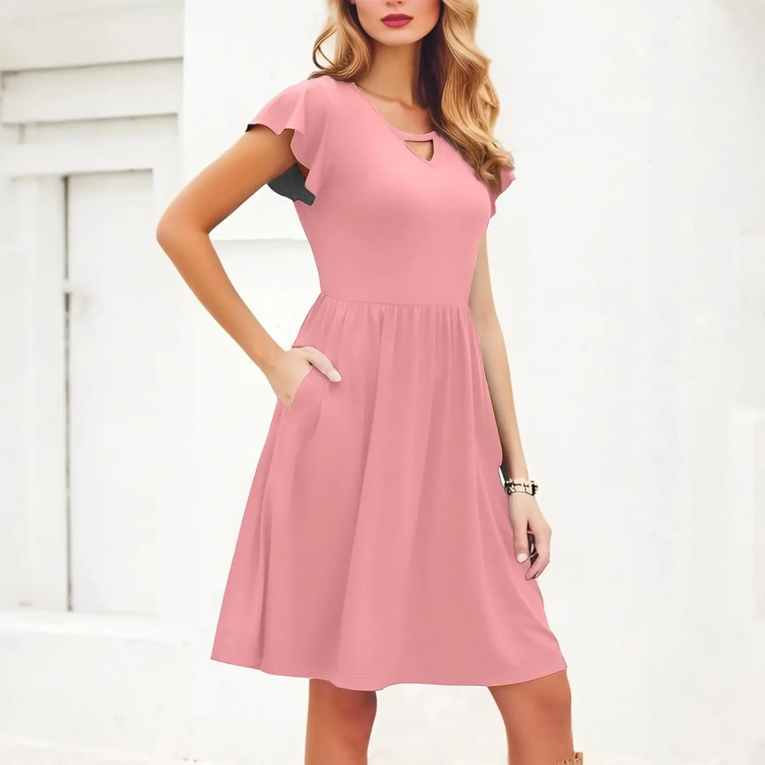 Summer Dresses for Women 2025 Ruffle Sleeve Casual Sundress Swing Elastic Waist Dress with Pockets