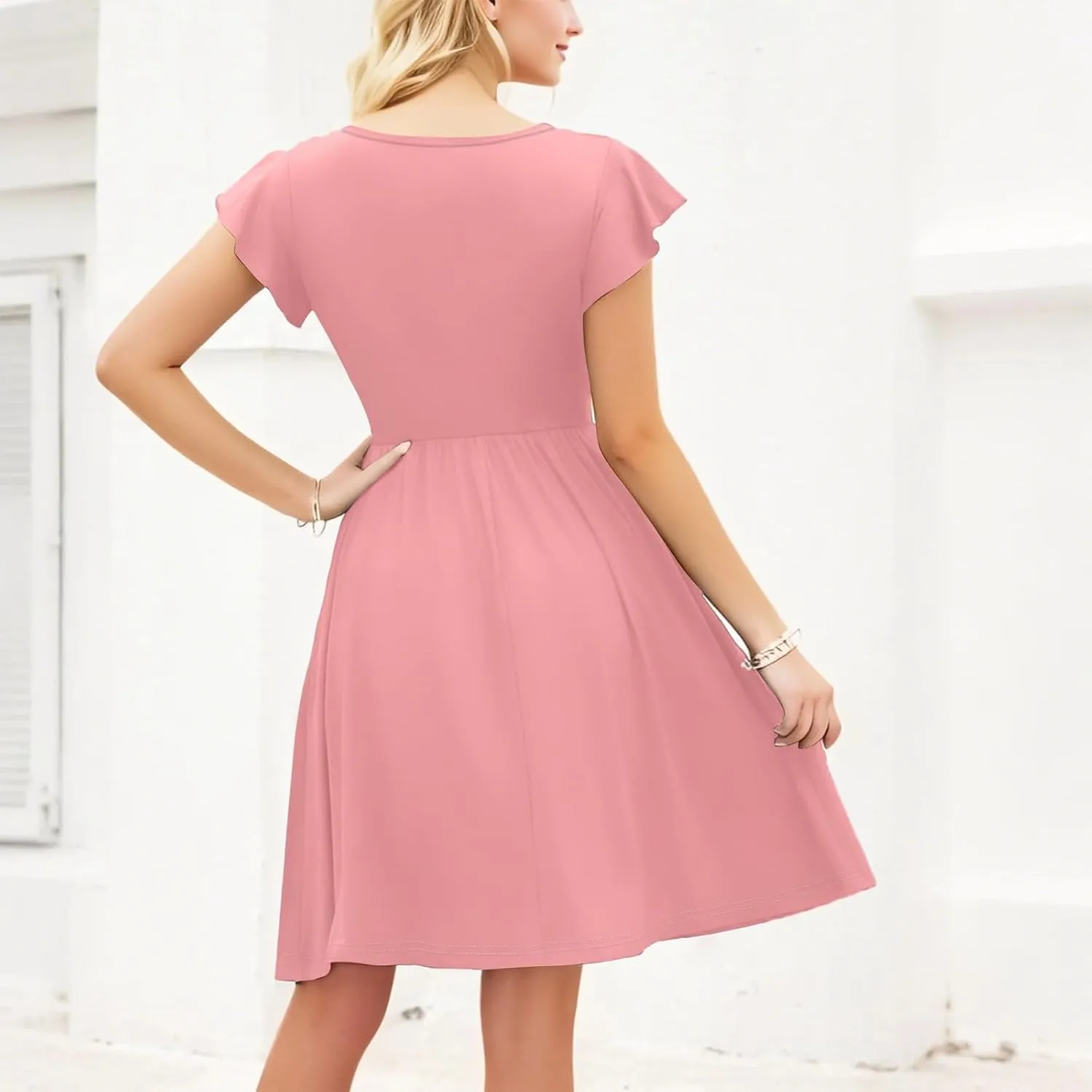 Summer Dresses for Women 2025 Ruffle Sleeve Casual Sundress Swing Elastic Waist Dress with Pockets