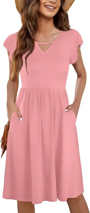 Summer Dresses for Women 2025 Ruffle Sleeve Casual Sundress Swing Elastic Waist Dress with Pockets