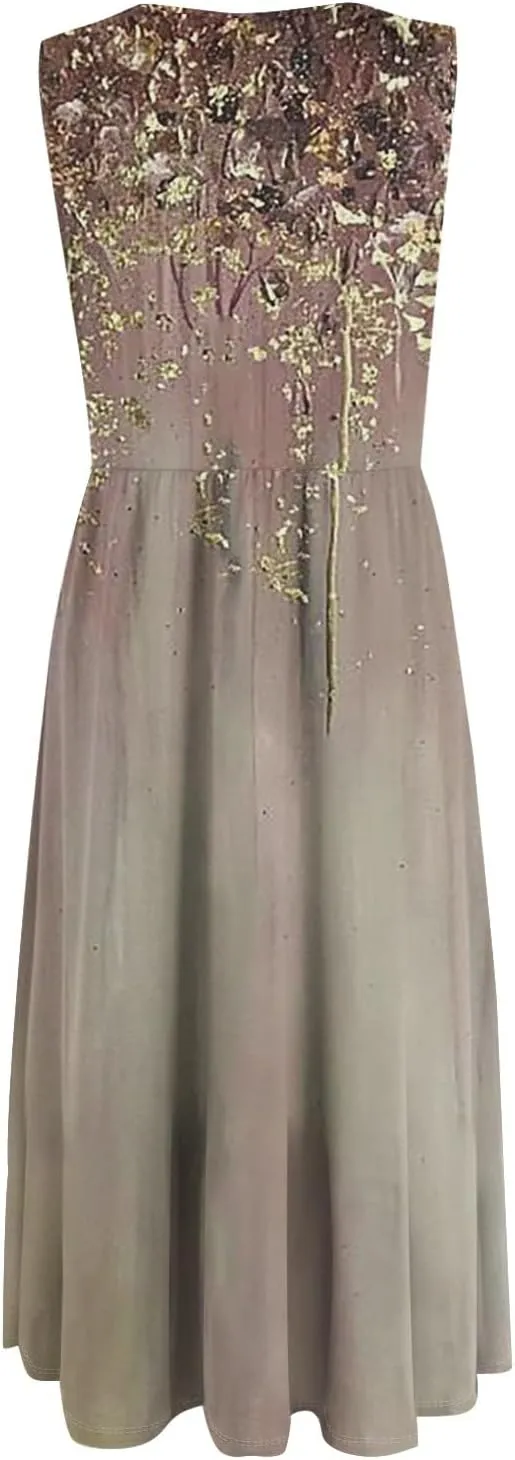 Summer Dresses for Women Beach Tank Dresses Flowy Floral A-Line Sundresses Casual Sleeveless Mid Dress with Pockets