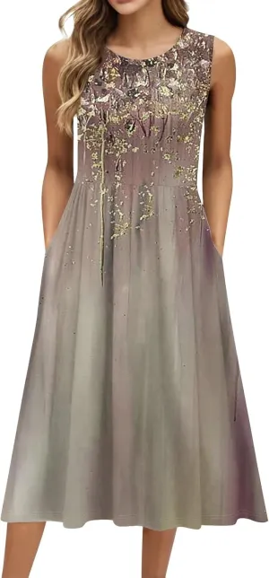 Summer Dresses for Women Beach Tank Dresses Flowy Floral A-Line Sundresses Casual Sleeveless Mid Dress with Pockets