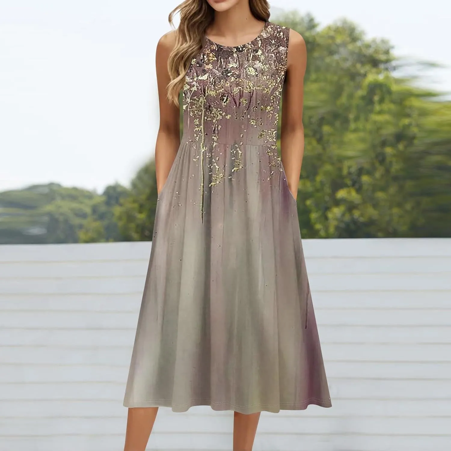 Summer Dresses for Women Beach Tank Dresses Flowy Floral A-Line Sundresses Casual Sleeveless Mid Dress with Pockets