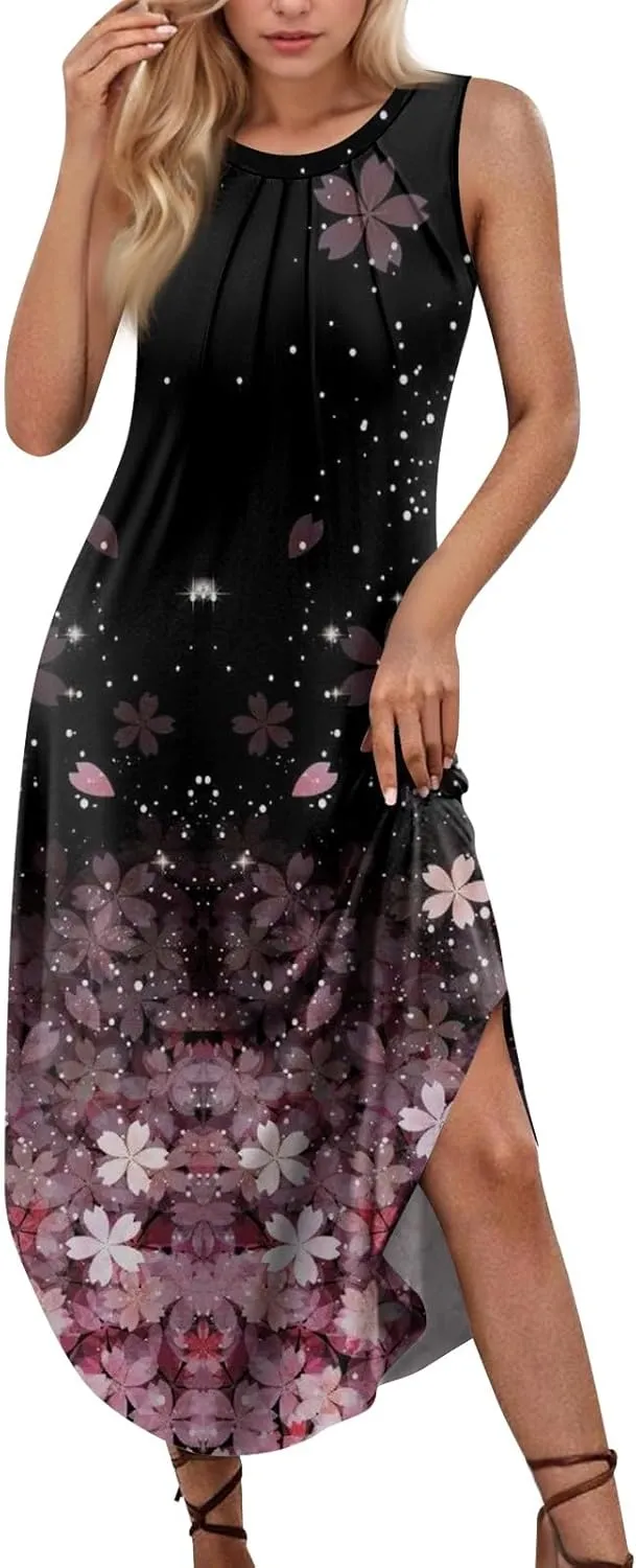 Summer Dresses for Women Loose Sundresses printedFlowy Tshirt Tank Dresses Casual Sleeveless Maxi Long Dress with Pockets