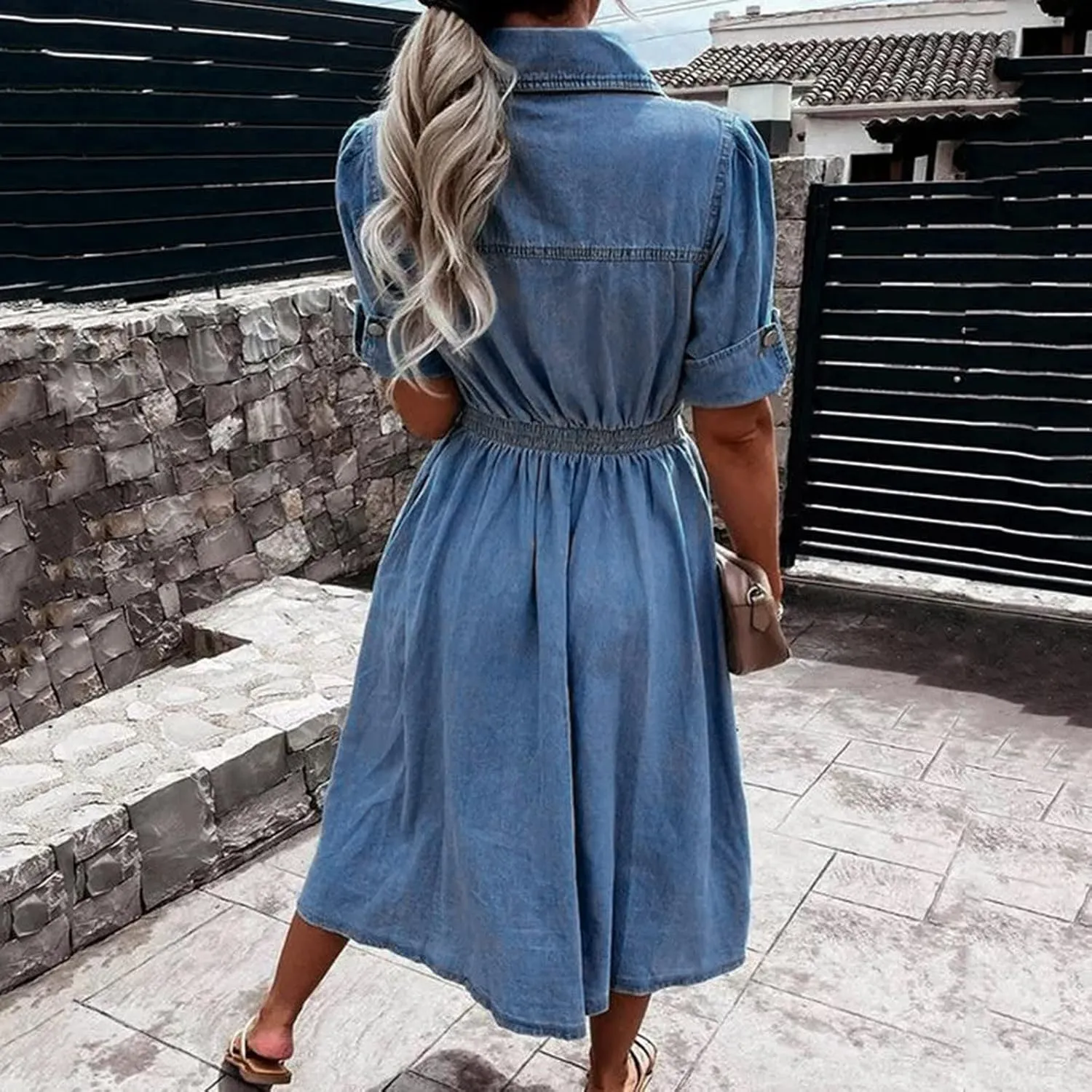 Summer Jean Dresses for Women Denim Short Sleeve Loose Blue Jean Maxi Dress Hand Pocket Button Down Casual Shift Dress