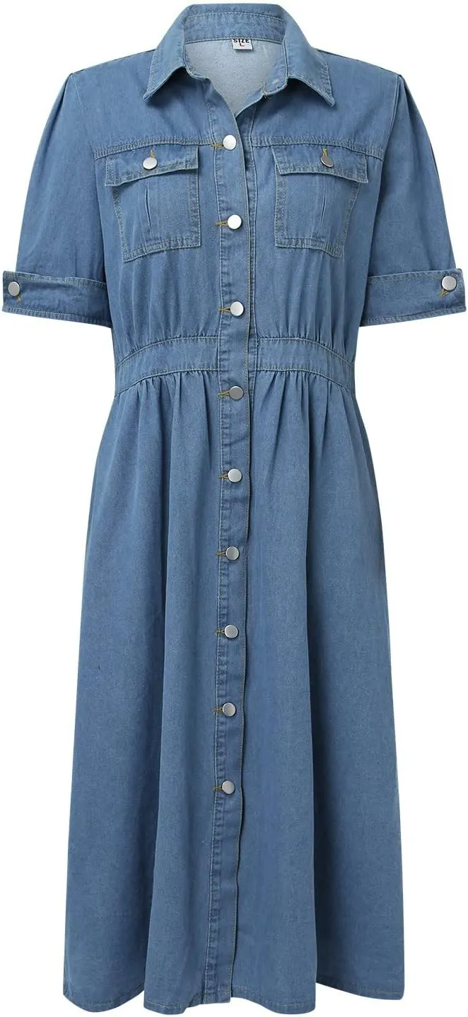 Summer Jean Dresses for Women Denim Short Sleeve Loose Blue Jean Maxi Dress Hand Pocket Button Down Casual Shift Dress