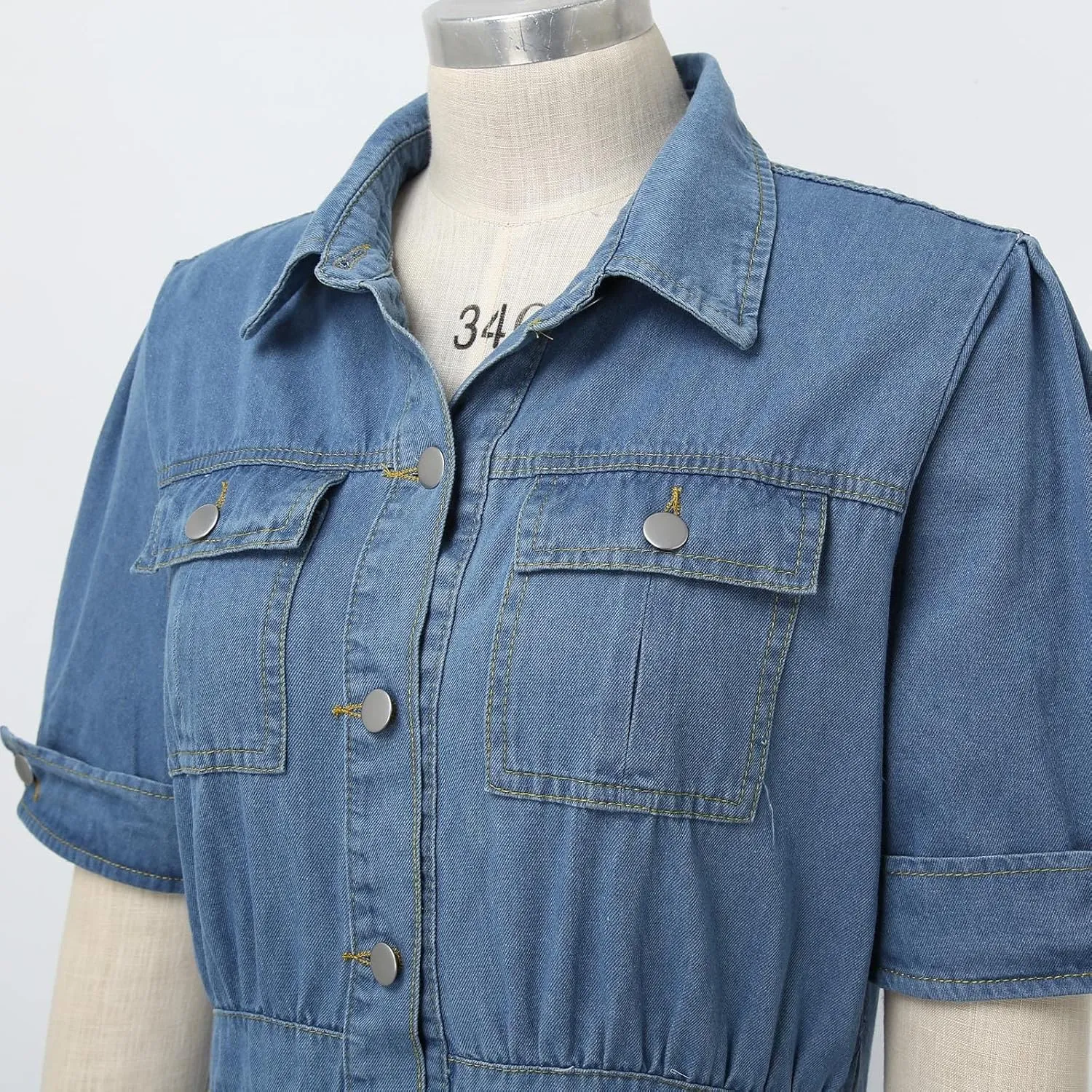Summer Jean Dresses for Women Denim Short Sleeve Loose Blue Jean Maxi Dress Hand Pocket Button Down Casual Shift Dress