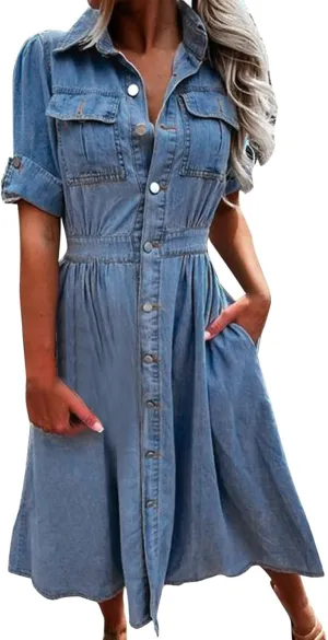 Summer Jean Dresses for Women Denim Short Sleeve Loose Blue Jean Maxi Dress Hand Pocket Button Down Casual Shift Dress