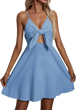 Sun Dresses for Women 2025 Vacation Casual Sleeveless Sexy Wrap Short Dresses V Neck Solid Sundress Mini Flowy Dress