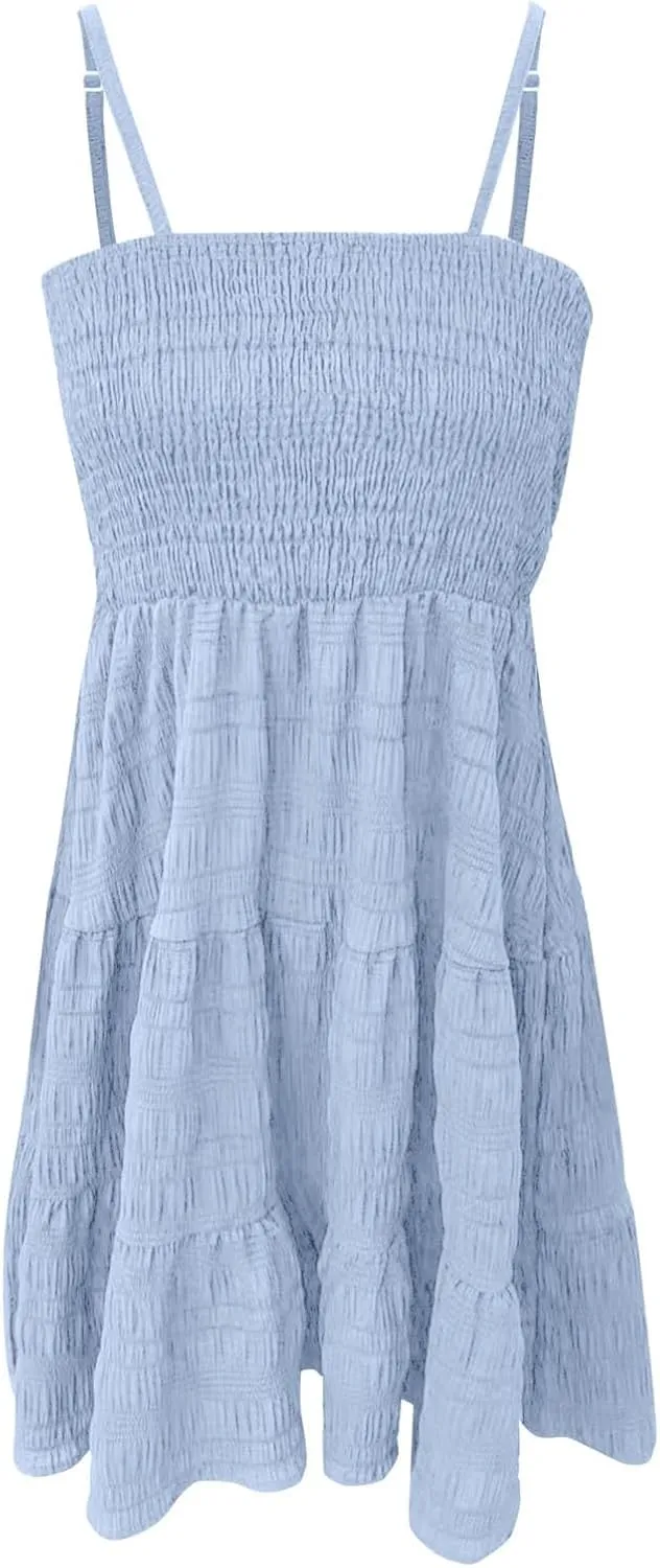 Sundress for Women 2024 Casual Plus Size Beach Vacation Dresses Smocked Flowy Boho Spaghetti Strap A-Line Mini Dress