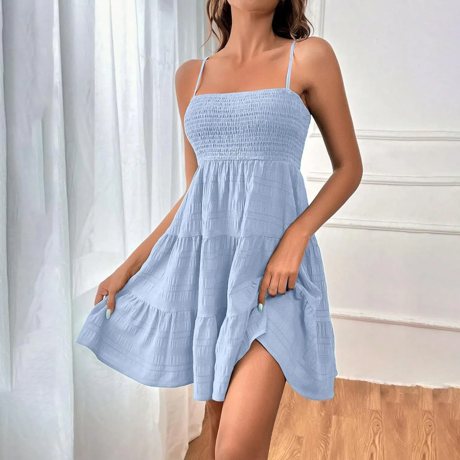 Sundress for Women 2024 Casual Plus Size Beach Vacation Dresses Smocked Flowy Boho Spaghetti Strap A-Line Mini Dress