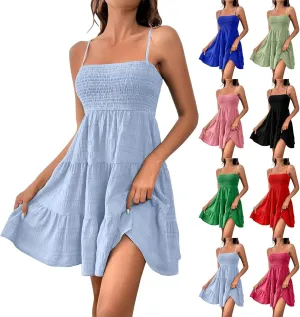 Sundress for Women 2024 Casual Plus Size Beach Vacation Dresses Smocked Flowy Boho Spaghetti Strap A-Line Mini Dress