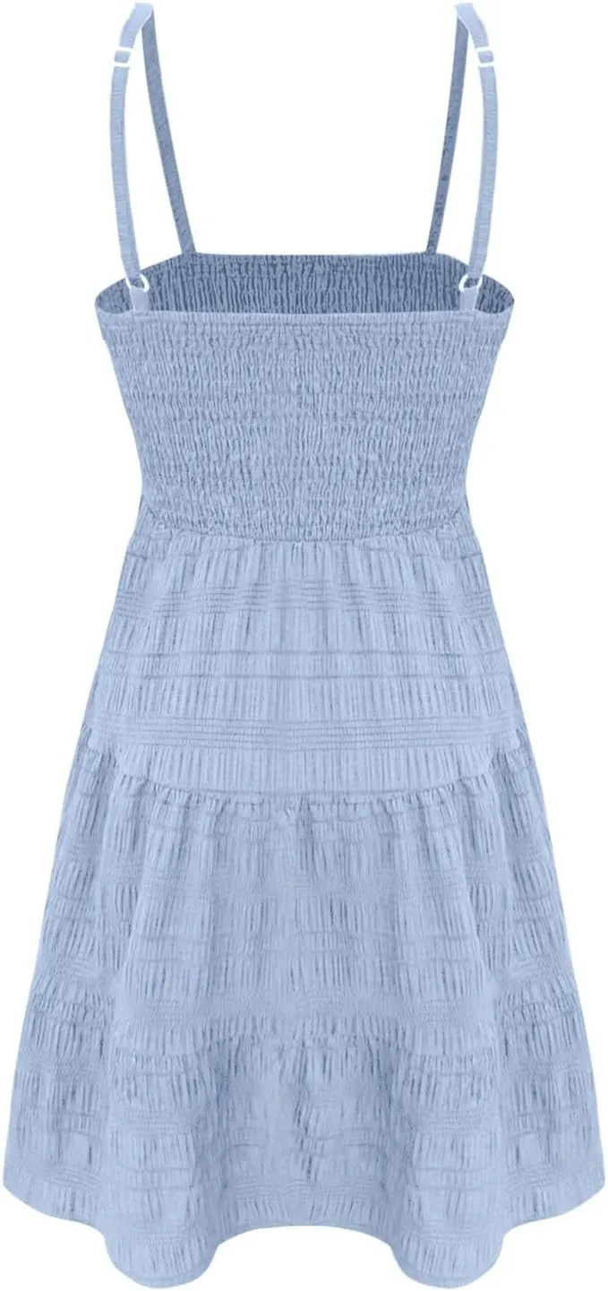 Sundress for Women 2024 Casual Plus Size Beach Vacation Dresses Smocked Flowy Boho Spaghetti Strap A-Line Mini Dress