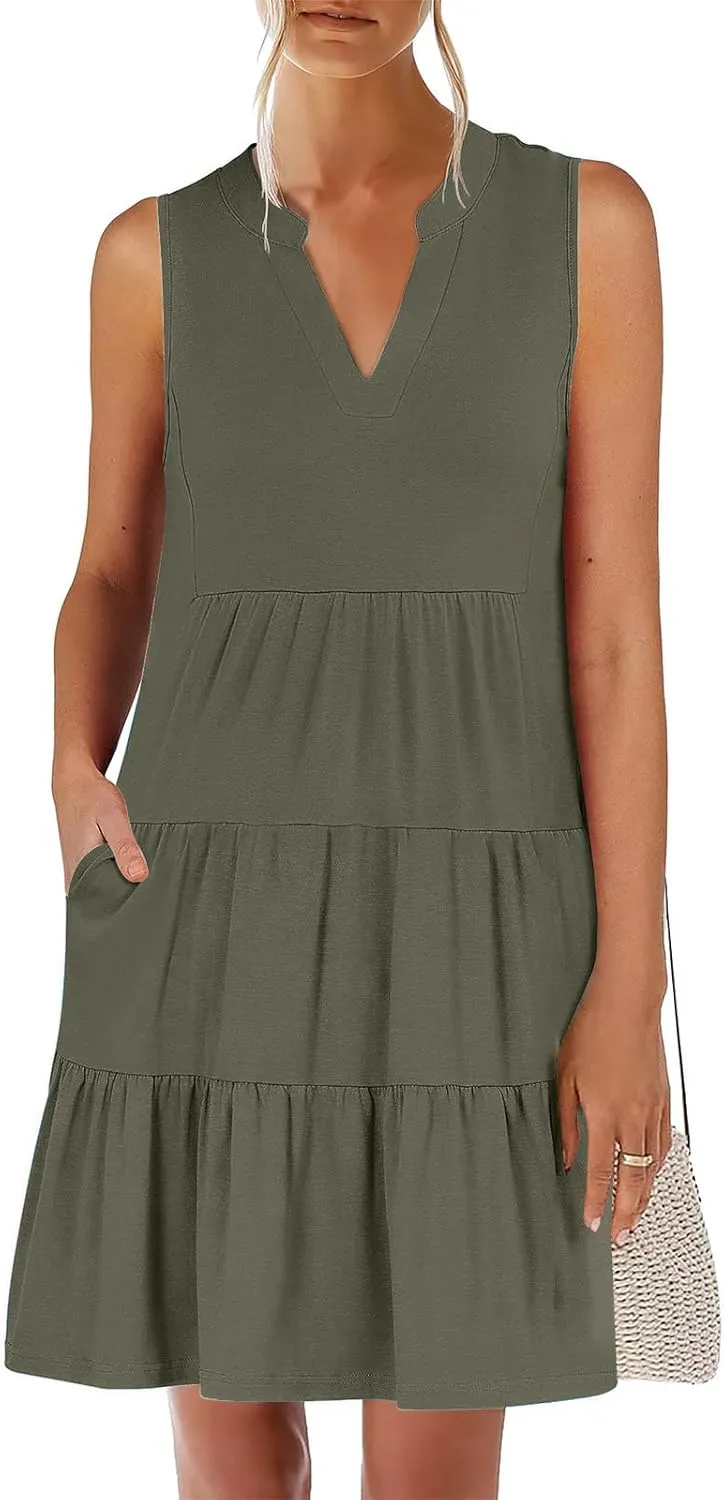 Sundresses for Women 2025 Mini Dress Summer Casual Dresses Sexy Sleeveless V Neck Dress Ruffle Vacation Beach Dresses