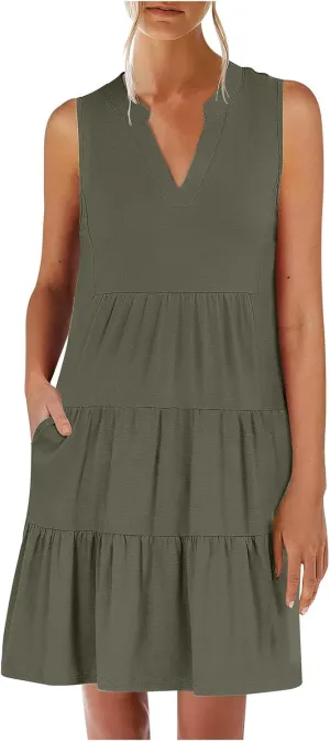 Sundresses for Women 2025 Mini Dress Summer Casual Dresses Sexy Sleeveless V Neck Dress Ruffle Vacation Beach Dresses