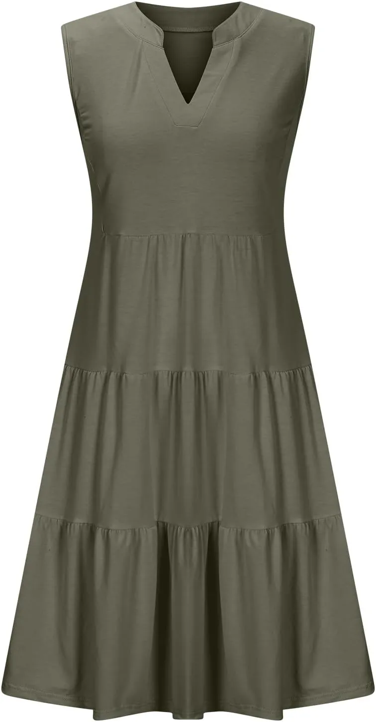 Sundresses for Women 2025 Mini Dress Summer Casual Dresses Sexy Sleeveless V Neck Dress Ruffle Vacation Beach Dresses