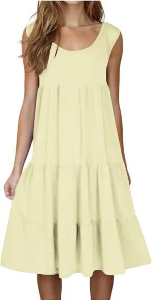Sundresses for Women 2025 Sleeveless Cute Petite Mini Dress Ruffle Sleeve Summer Flowy Boho Beach Solid Color Dress