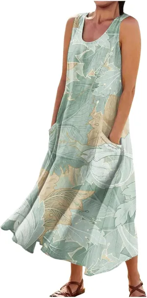 Sundresses for Women Floral Printed Sleeveless Sundresses Pockets a Line Maxi Dresses Casual Loose Long Dresses
