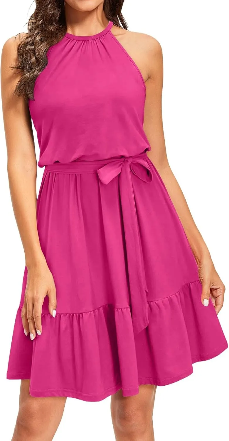 Sundresses for Women,2025 Spring Summer Elegant Sleeveless Halter Mini Beach Dress,Flowy Ruched Swing Vacation Dress
