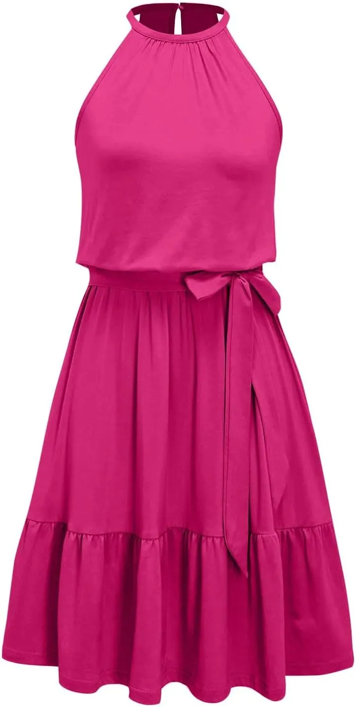 Sundresses for Women,2025 Spring Summer Elegant Sleeveless Halter Mini Beach Dress,Flowy Ruched Swing Vacation Dress
