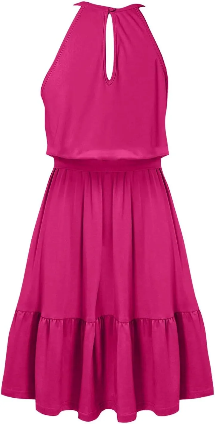 Sundresses for Women,2025 Spring Summer Elegant Sleeveless Halter Mini Beach Dress,Flowy Ruched Swing Vacation Dress