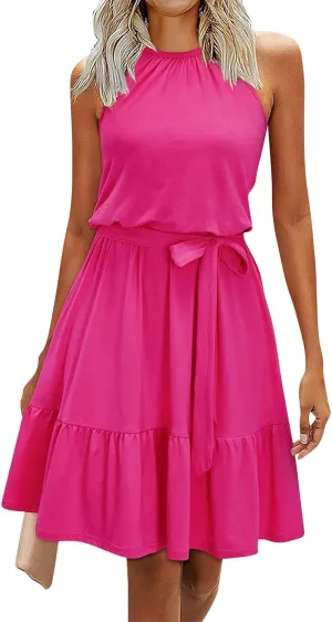 Sundresses for Women,2025 Spring Summer Elegant Sleeveless Halter Mini Beach Dress,Flowy Ruched Swing Vacation Dress