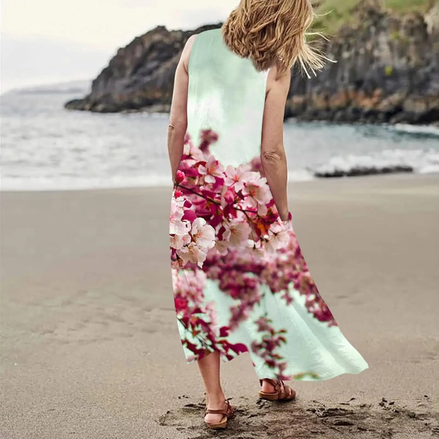 Sundresses for Womens Casual Sleeveless Cotton Linen Long Dress Flowy Beach Floral Print Dresses with Pockets