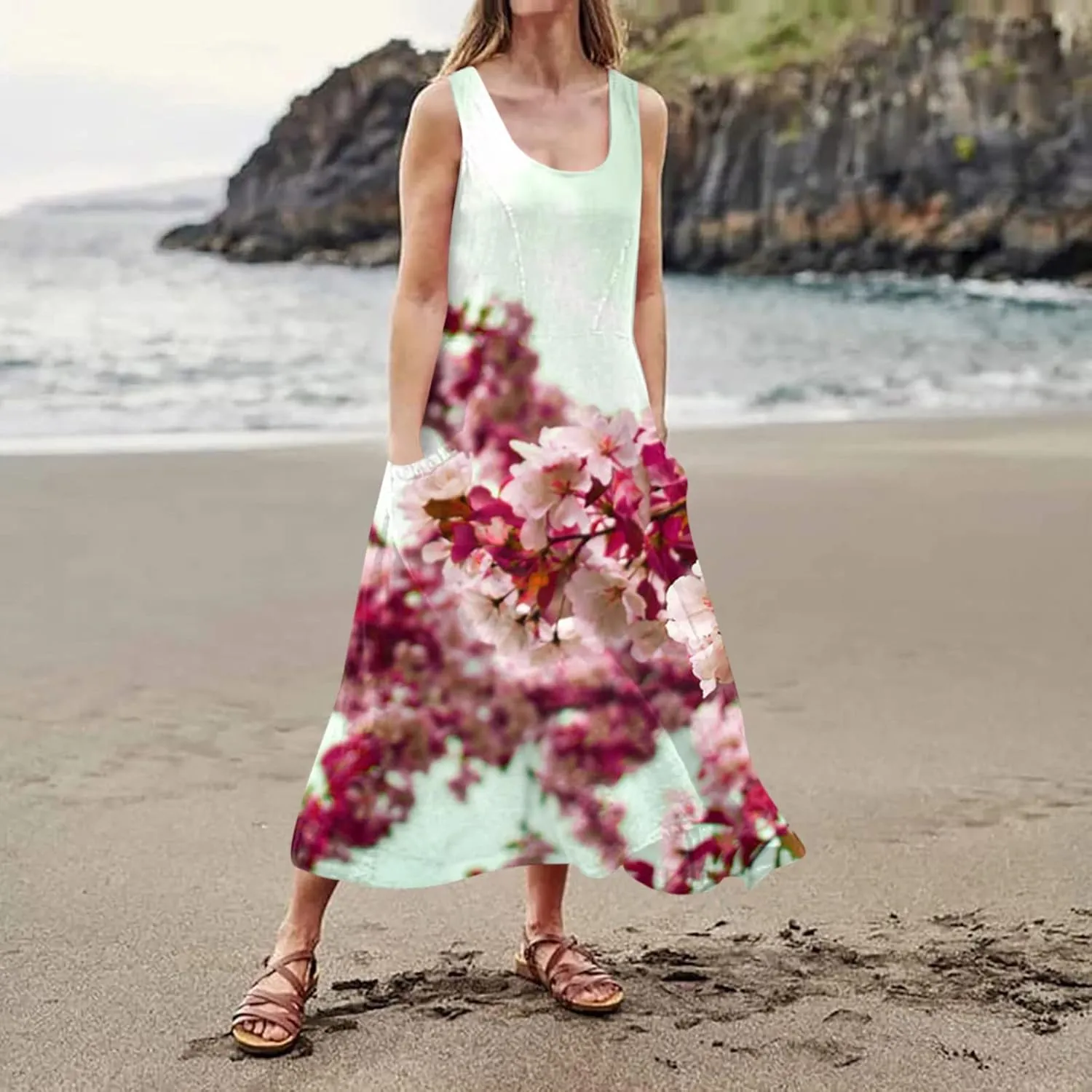 Sundresses for Womens Casual Sleeveless Cotton Linen Long Dress Flowy Beach Floral Print Dresses with Pockets