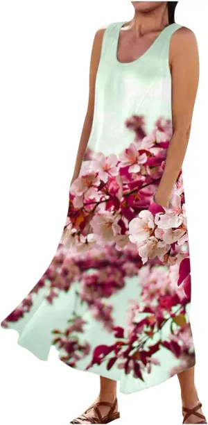 Sundresses for Womens Casual Sleeveless Cotton Linen Long Dress Flowy Beach Floral Print Dresses with Pockets