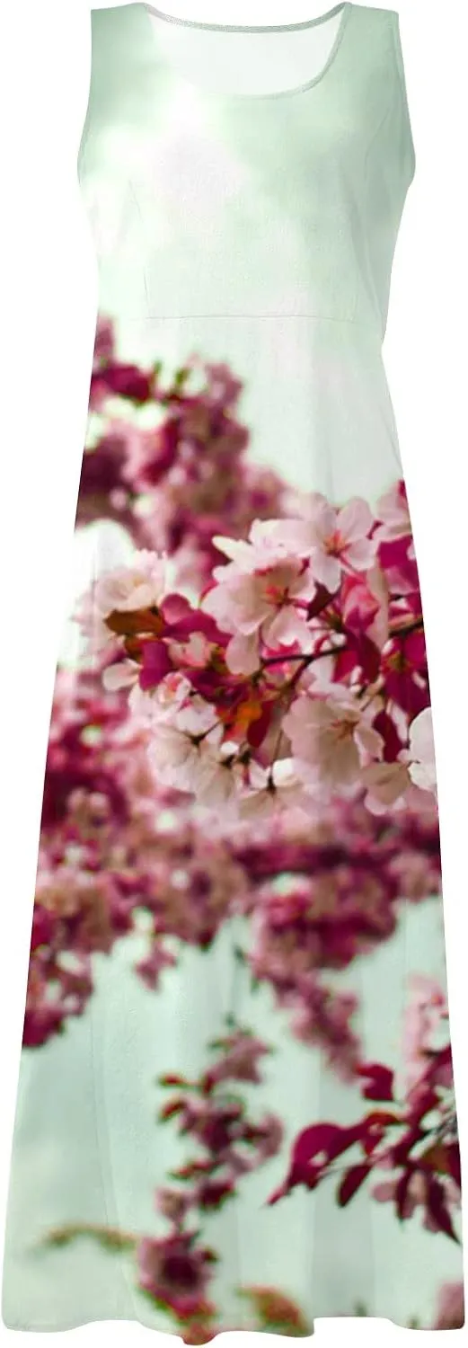 Sundresses for Womens Casual Sleeveless Cotton Linen Long Dress Flowy Beach Floral Print Dresses with Pockets